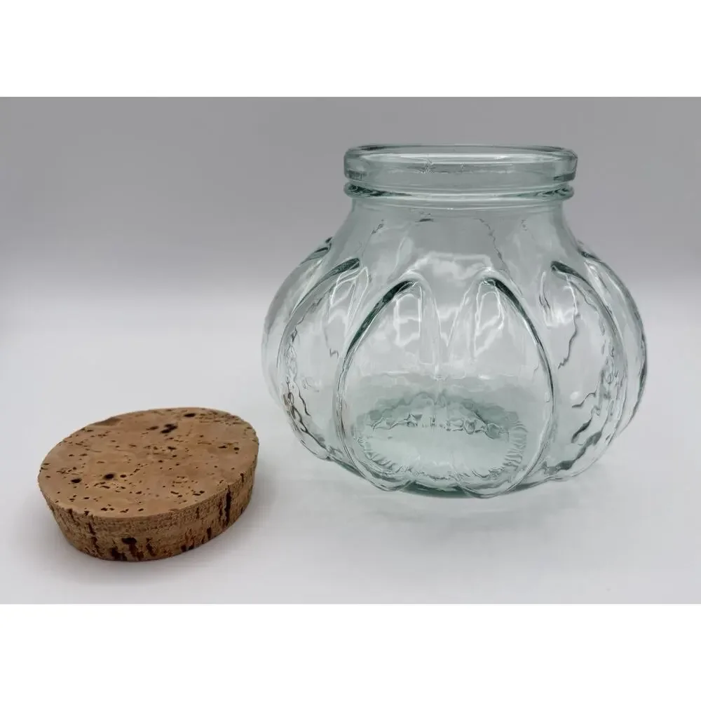 Italian Pumpkin Shaped Green Glass Apothecary Jar Canister 6” Cork Lid Italy